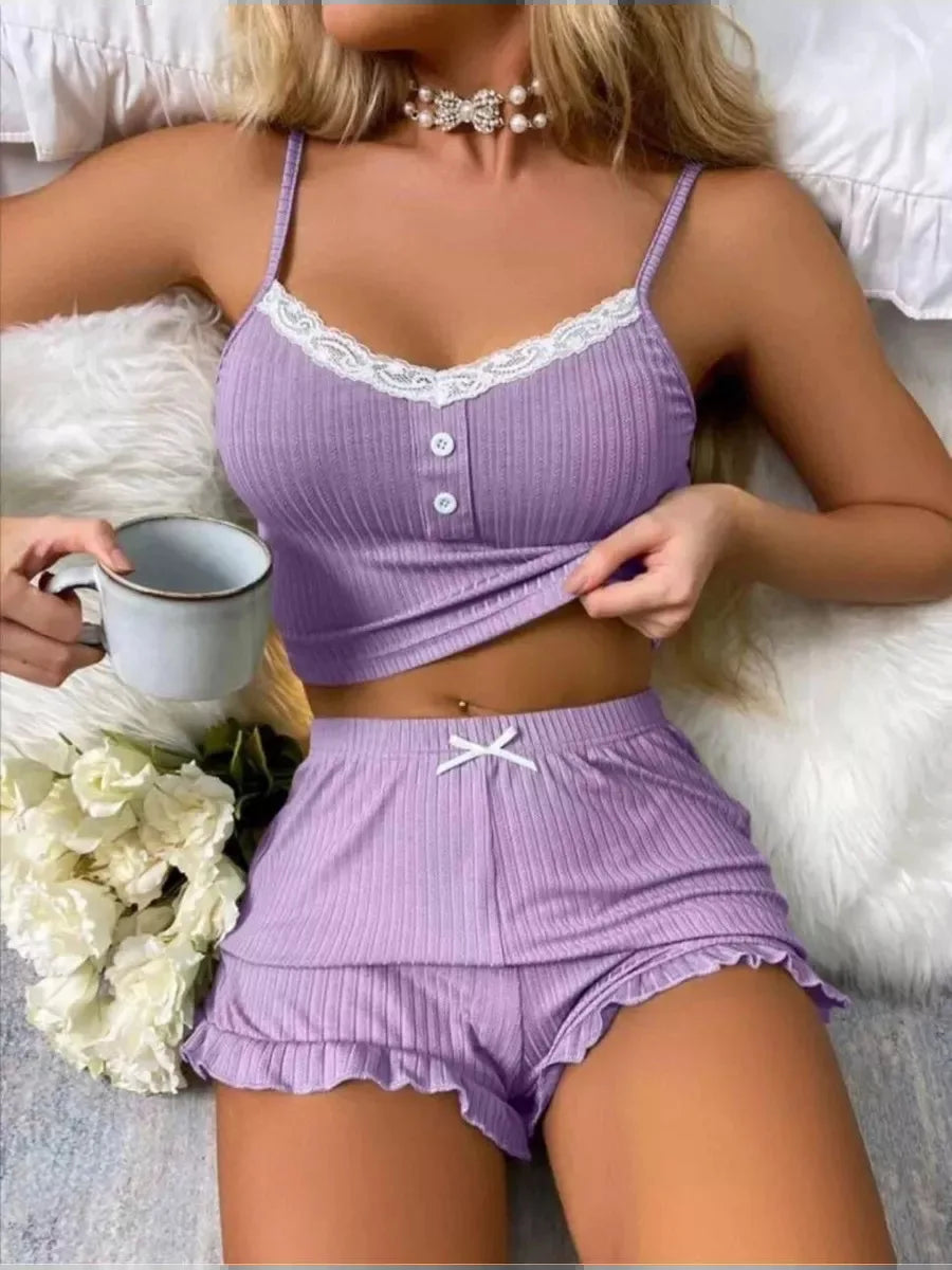 Women's Solid Pajamas Set Summer Sleeveless Top Shorts Sleepwear 2 Piece Set For Women Sexy Homewear Suspender Lace Slim Suit