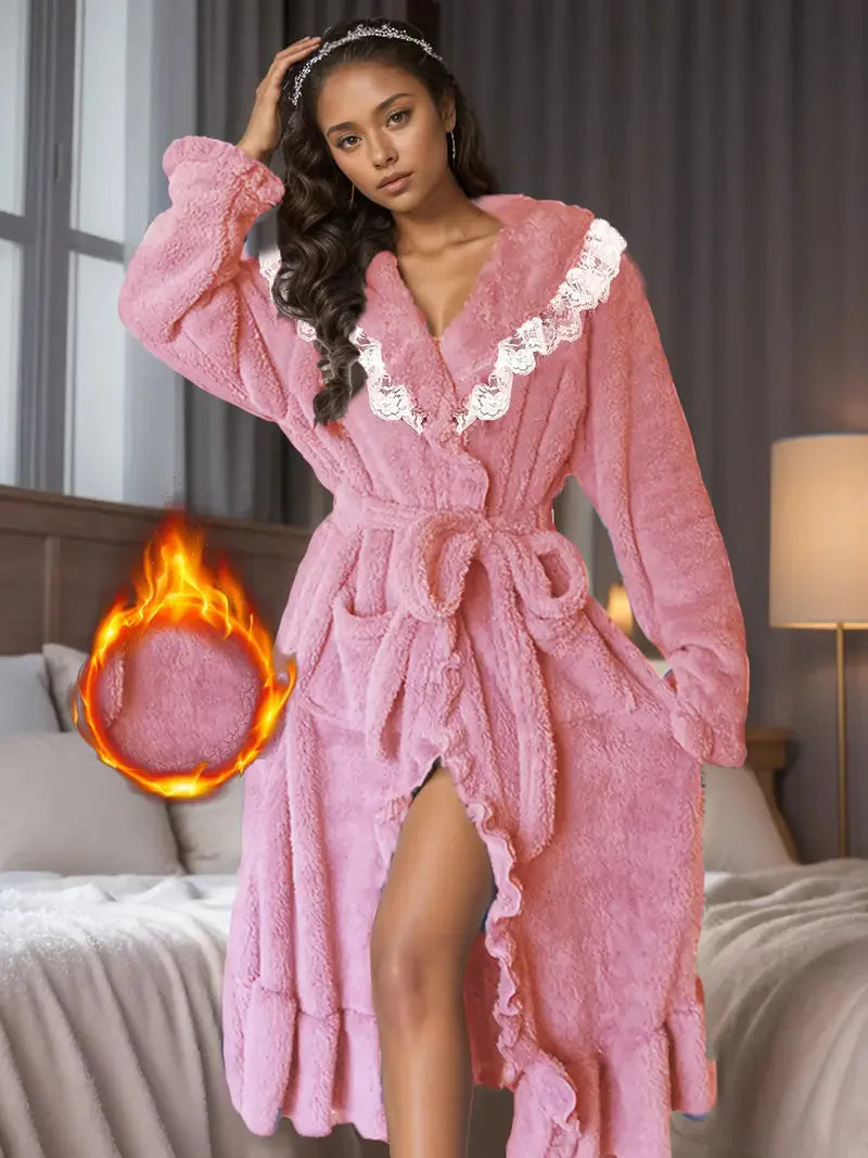Sexy Princess Style Lace Trim Kimono Bathrobe Gown Long Sleeve Homewear Elegant Coral Fleece Warm Intimate Lingerie Nightgown