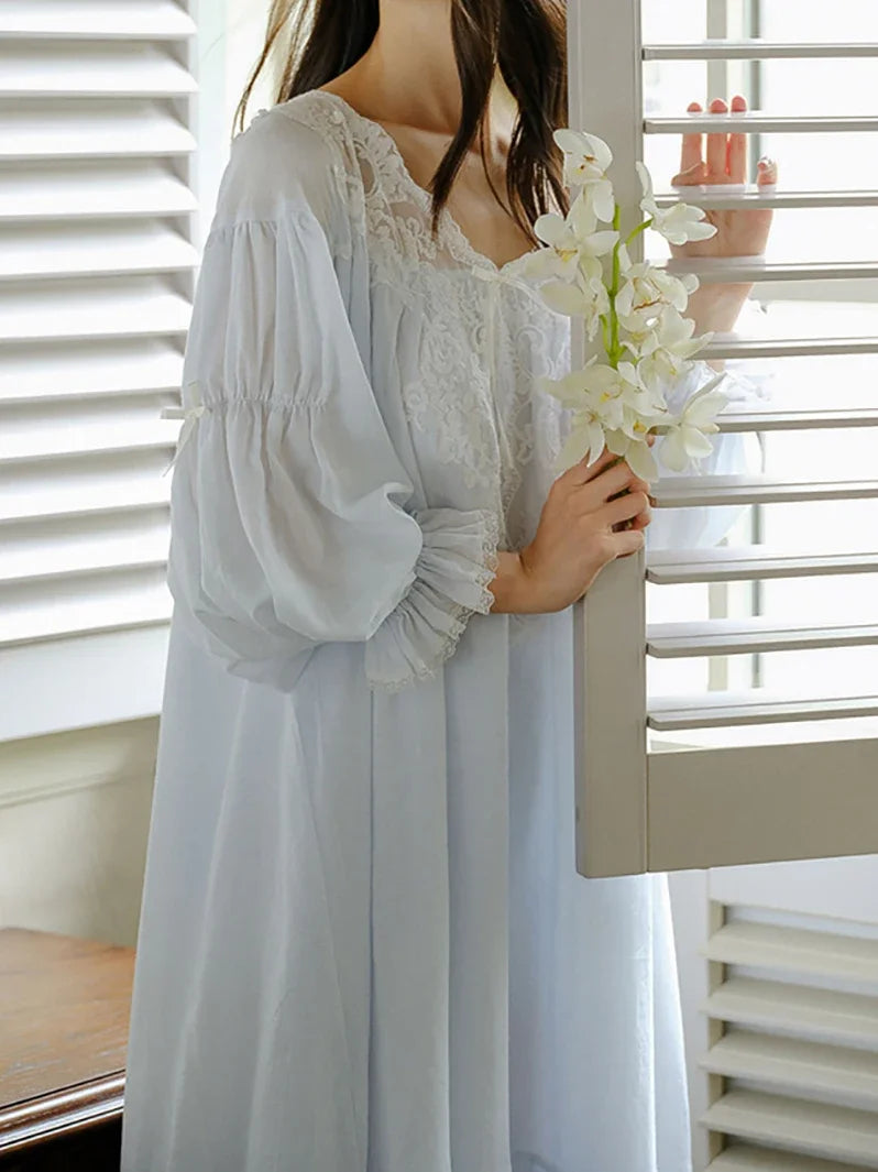 Women Lace Cotton V-Neck Ruffles Vintage Nightgowns Robe Long Fairy Victorian Romantic Princess Sleepwear Nightdress Homewear