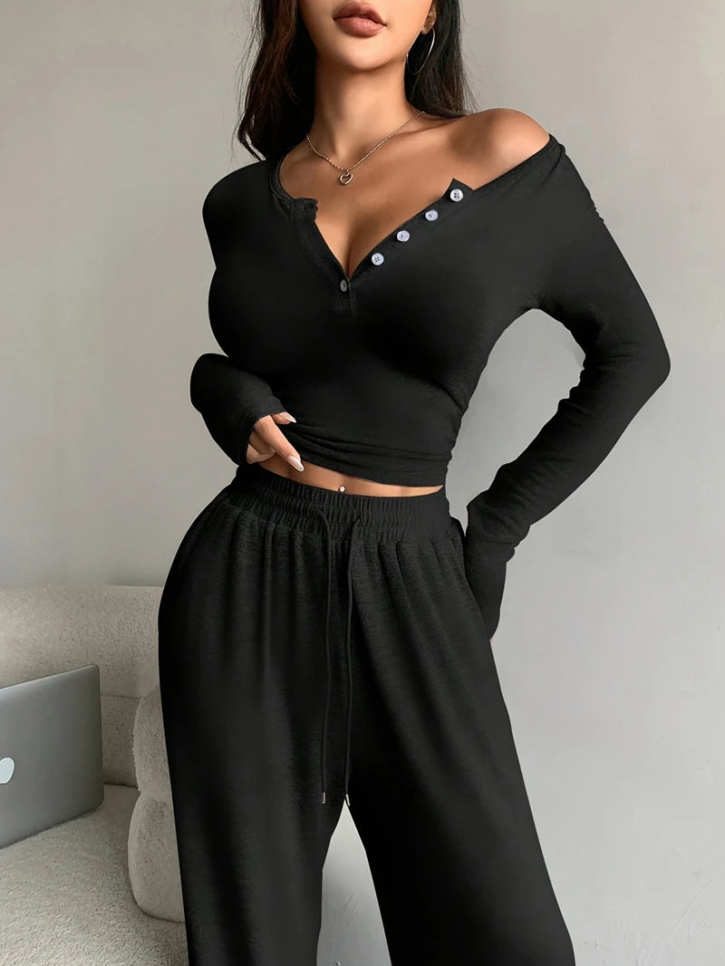 V-Neck Button Crop Pajama Set