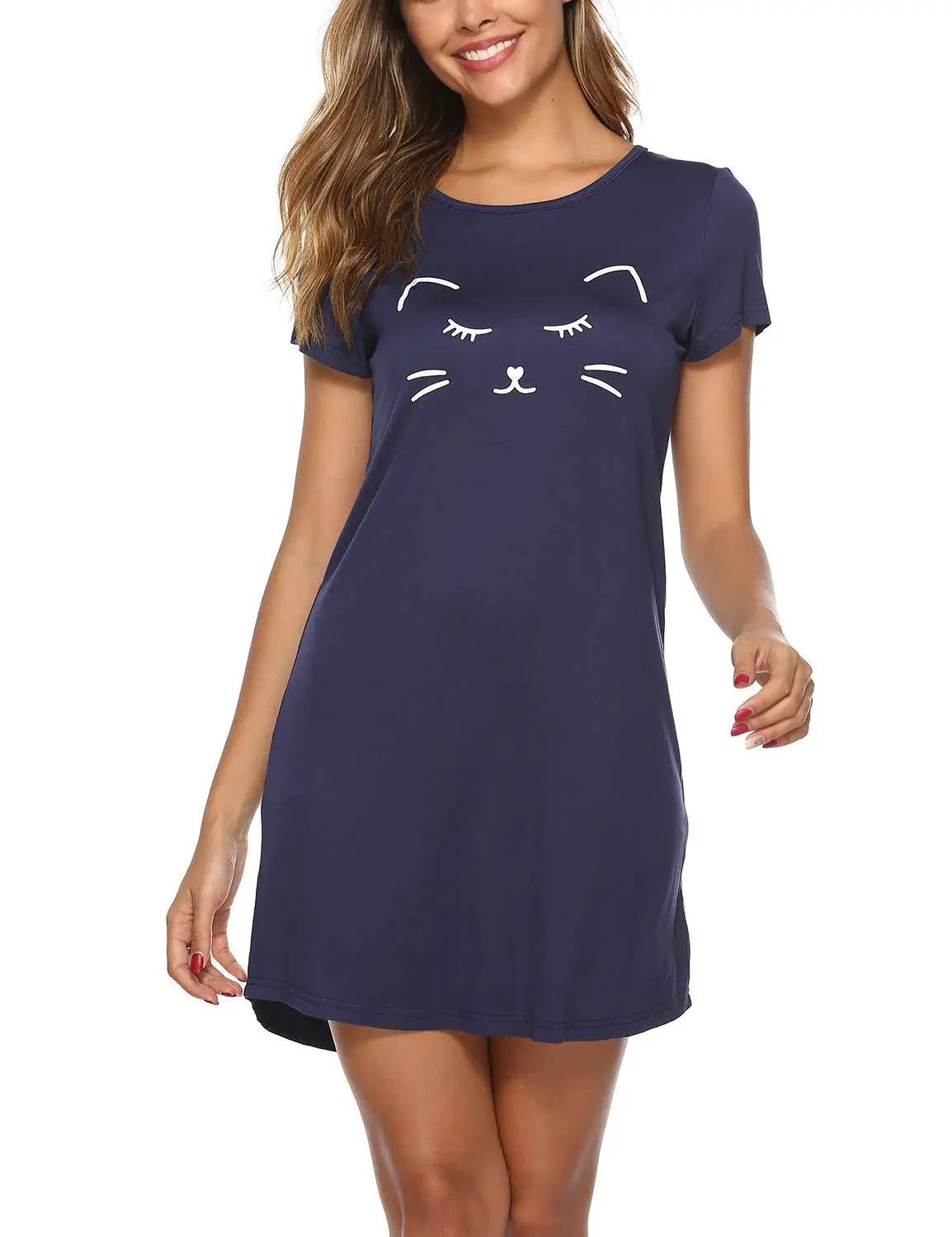 Womens Pajamas Milk Silk Cat Panda Print Short Sleeve Nightdress