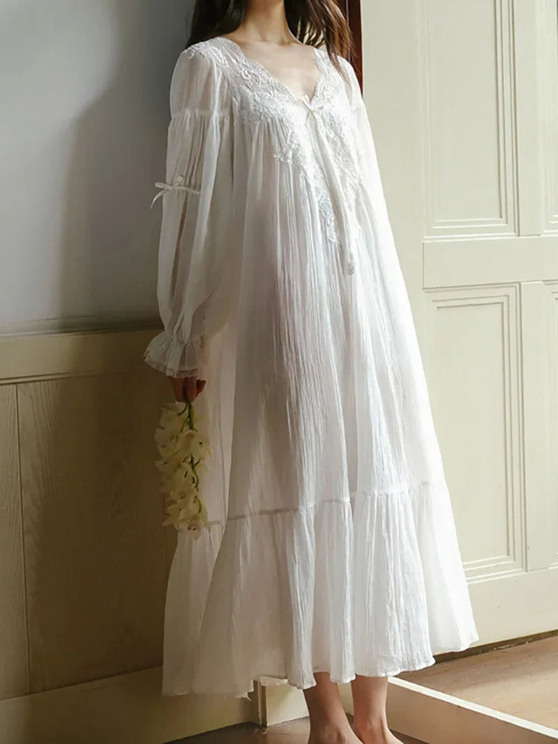 Women Lace Cotton V-Neck Ruffles Vintage Nightgowns Robe Long Fairy Victorian Romantic Princess Sleepwear Nightdress Homewear