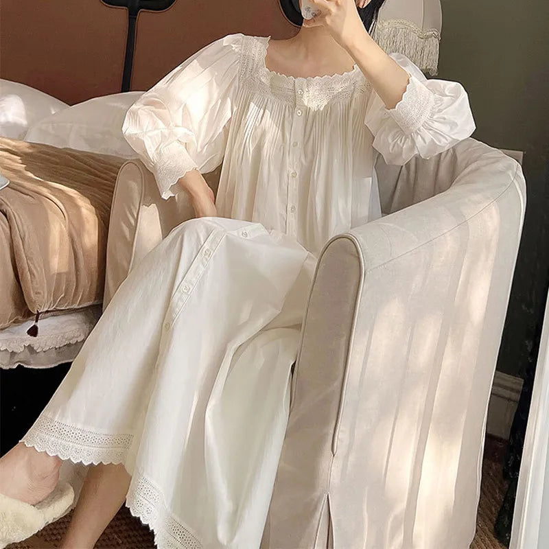 Women Spring Full Sleeves Cotton Sleepwear Loose Cardigan Mid-Calf Nightdress Lace Square Collar Nightgown White Vintage Nightie
