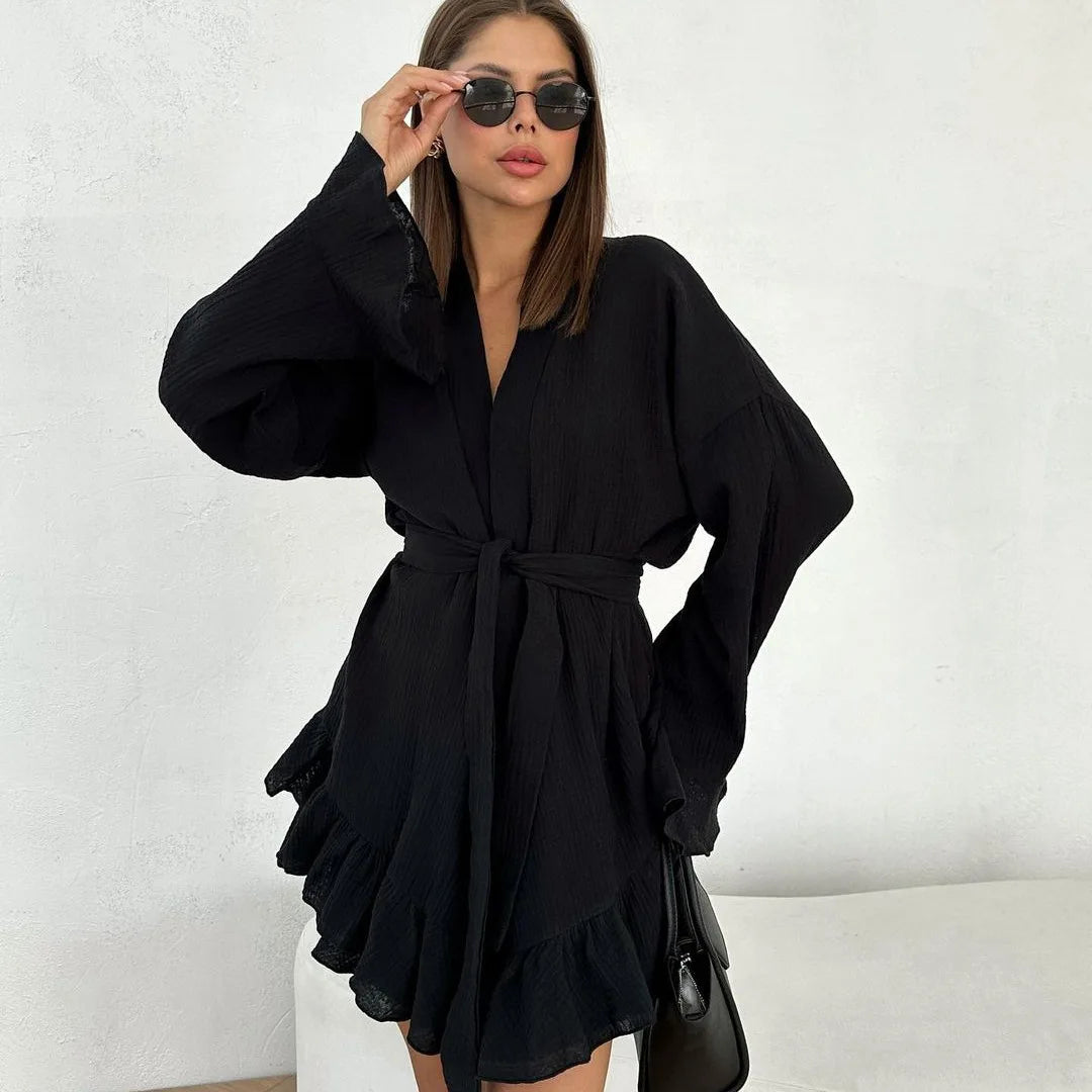 Ruffle Women's Nightwear White 2 Piece Sets Cotton Long Sleeve Casual Pajamas Sashes Loose Suits With Shorts Autumn Sleepwear