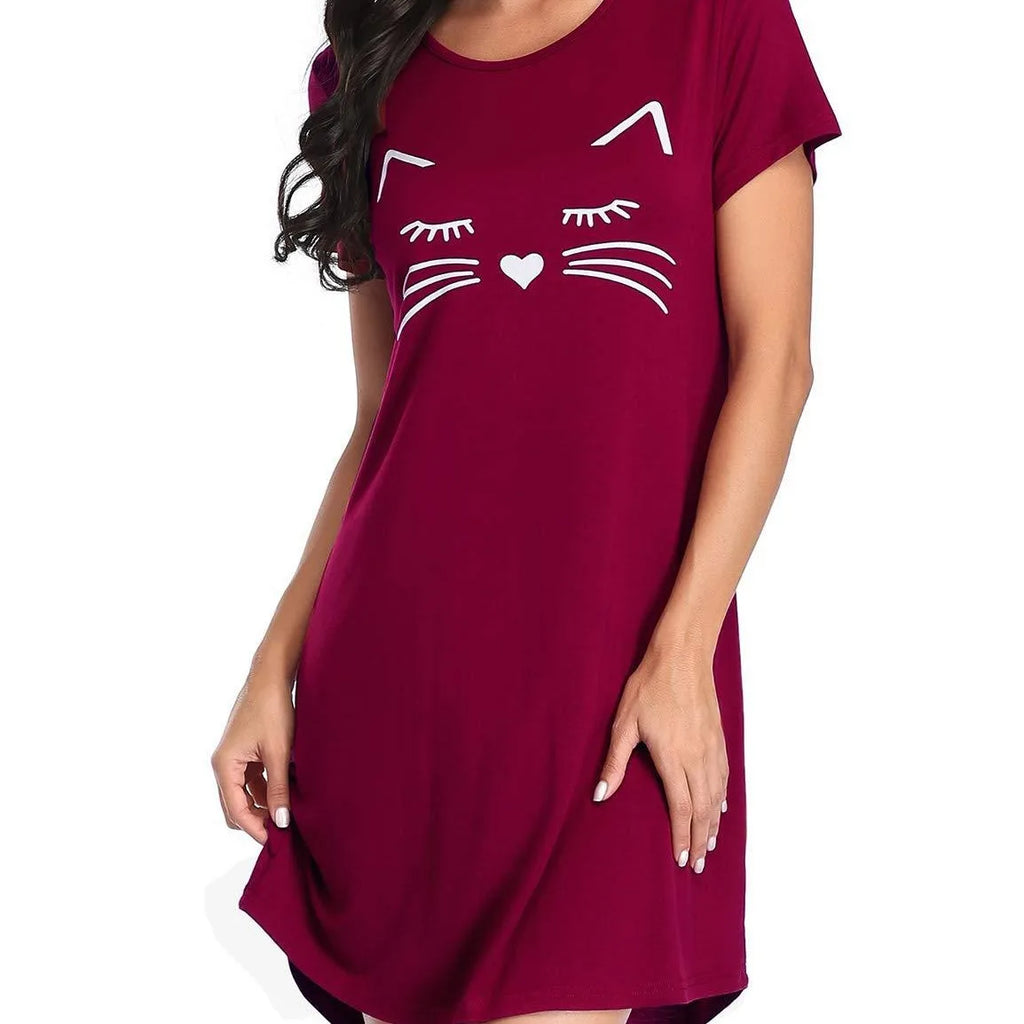 Womens Pajamas Milk Silk Cat Panda Print Short Sleeve Nightdress