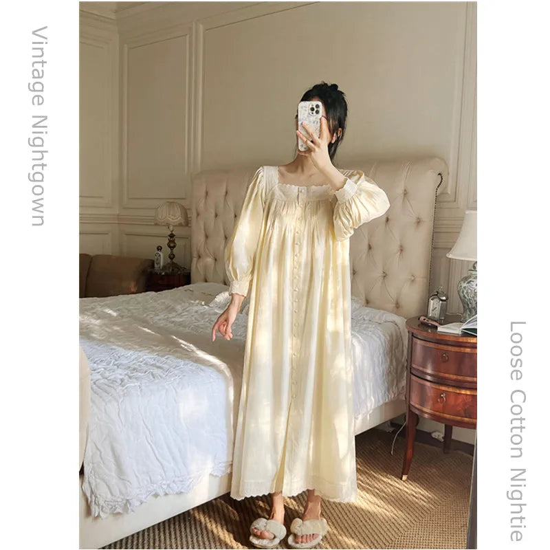 Women Spring Full Sleeves Cotton Sleepwear Loose Cardigan Mid-Calf Nightdress Lace Square Collar Nightgown White Vintage Nightie