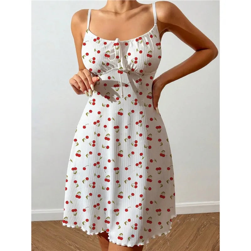 Women's Sleepwear Sexy Nightdress Night Gown Heart Printed Halter Neck Pajama Mini Dress Casual Sleepshirts Nightdress