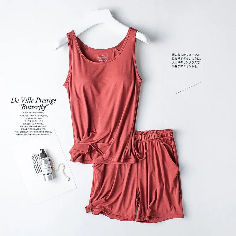 Summer new women's modal pajamas two-piece vest + shorts with chest pad lingerie seamless cup camisole homewear set pajama