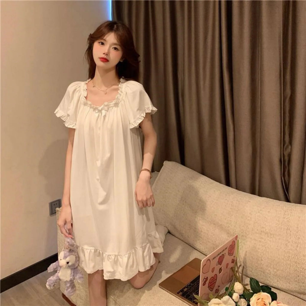 White Nightgowns Women Sweet Kawaii Girls Nightdress Princess Ruffles Square Collar Short Sleeve Summer Lounge Wear Sleepwear