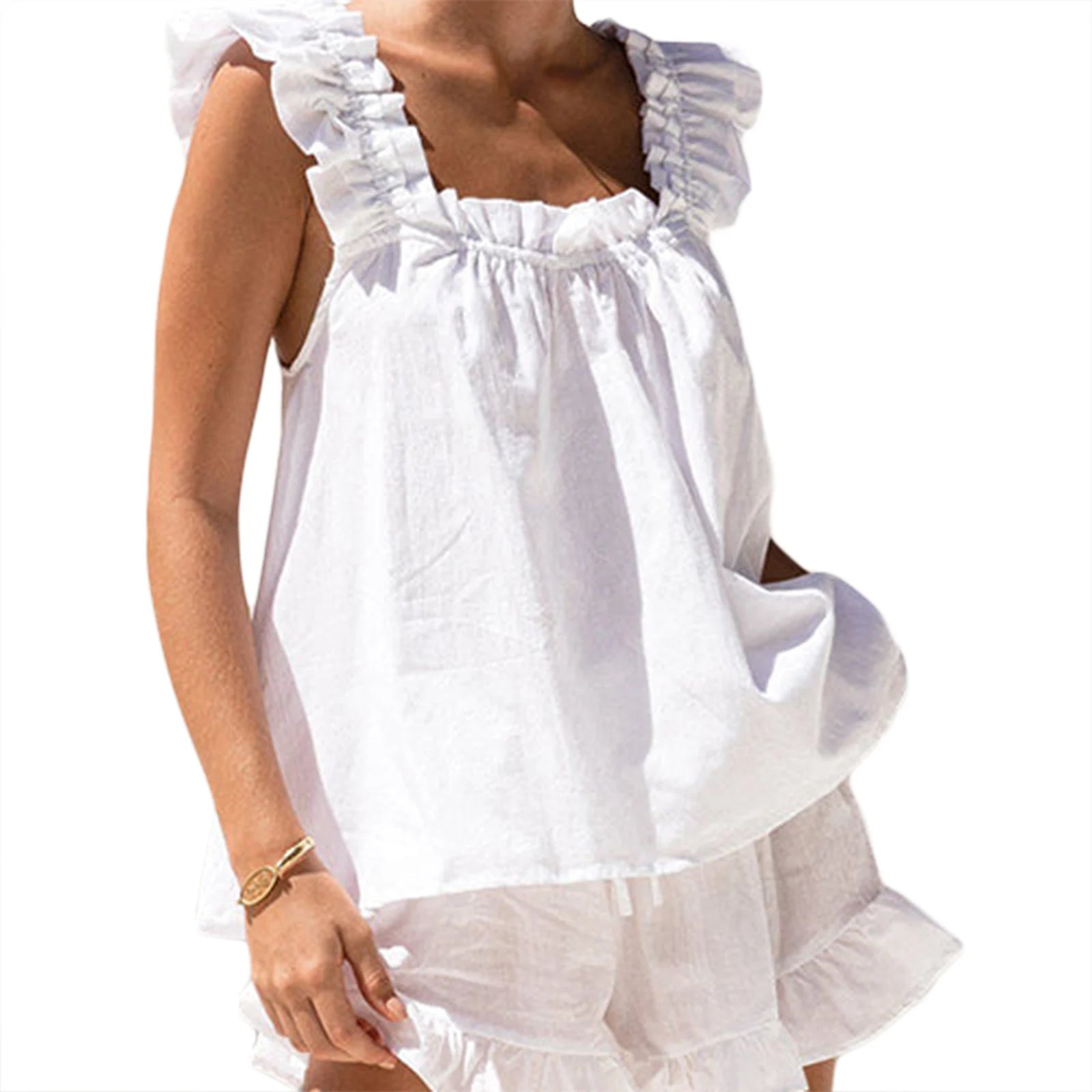 Women's Summer 2pcs Pajamas Sets Casual Sleeveless Spaghetti Straps Backless Sling Tank Top Ruffle Shorts Y2K Tracksuit