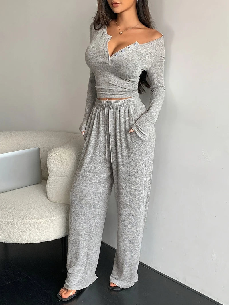 V-Neck Button Crop Pajama Set