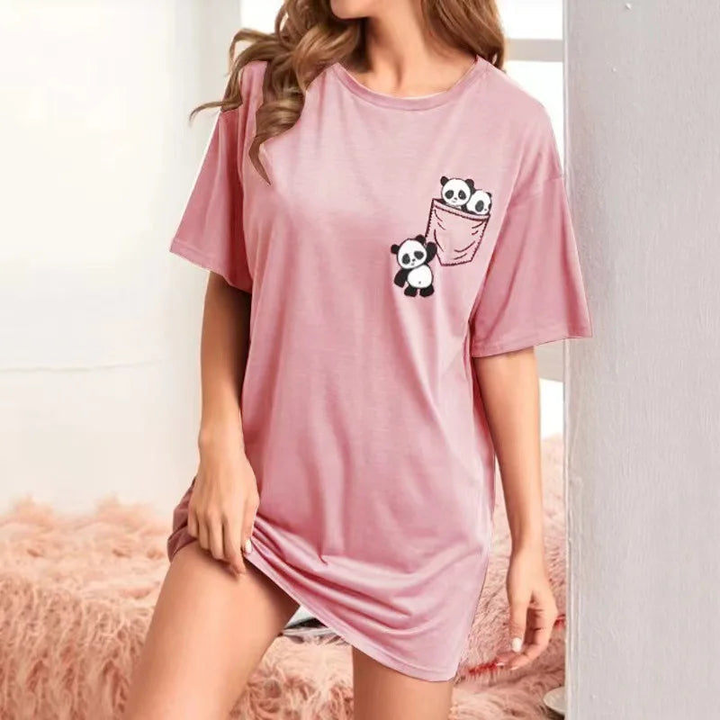 Womens Pajamas Milk Silk Cat Panda Print Short Sleeve Nightdress