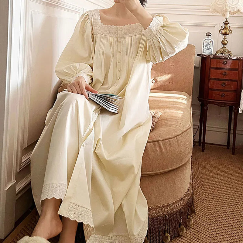 Women Spring Full Sleeves Cotton Sleepwear Loose Cardigan Mid-Calf Nightdress Lace Square Collar Nightgown White Vintage Nightie