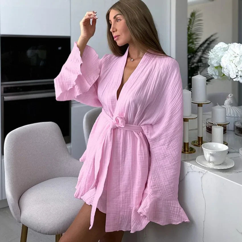 Ruffle Women's Nightwear White 2 Piece Sets Cotton Long Sleeve Casual Pajamas Sashes Loose Suits With Shorts Autumn Sleepwear