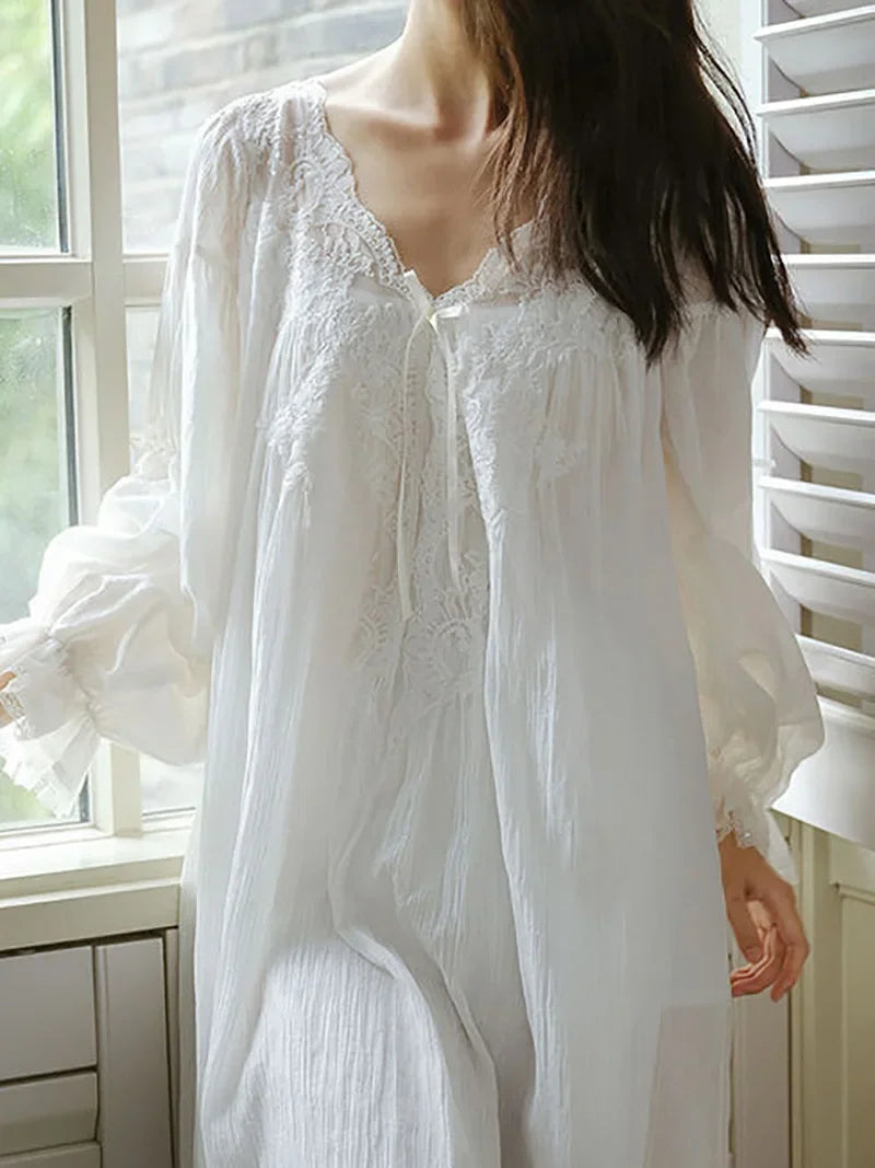 Women Lace Cotton V-Neck Ruffles Vintage Nightgowns Robe Long Fairy Victorian Romantic Princess Sleepwear Nightdress Homewear