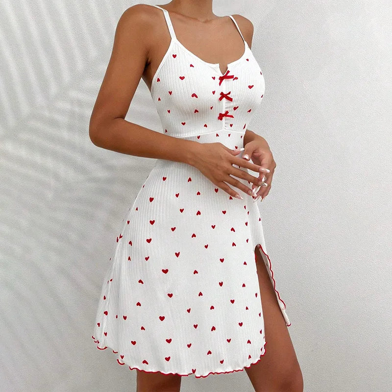 European and American Best-Selling Heart-Printed Rib Front Deep V-Neck Spaghetti Strap Sleep Dress Homewear