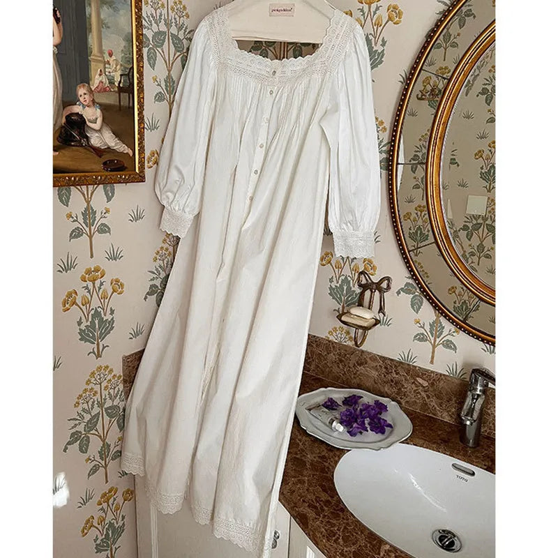 Women Spring Full Sleeves Cotton Sleepwear Loose Cardigan Mid-Calf Nightdress Lace Square Collar Nightgown White Vintage Nightie