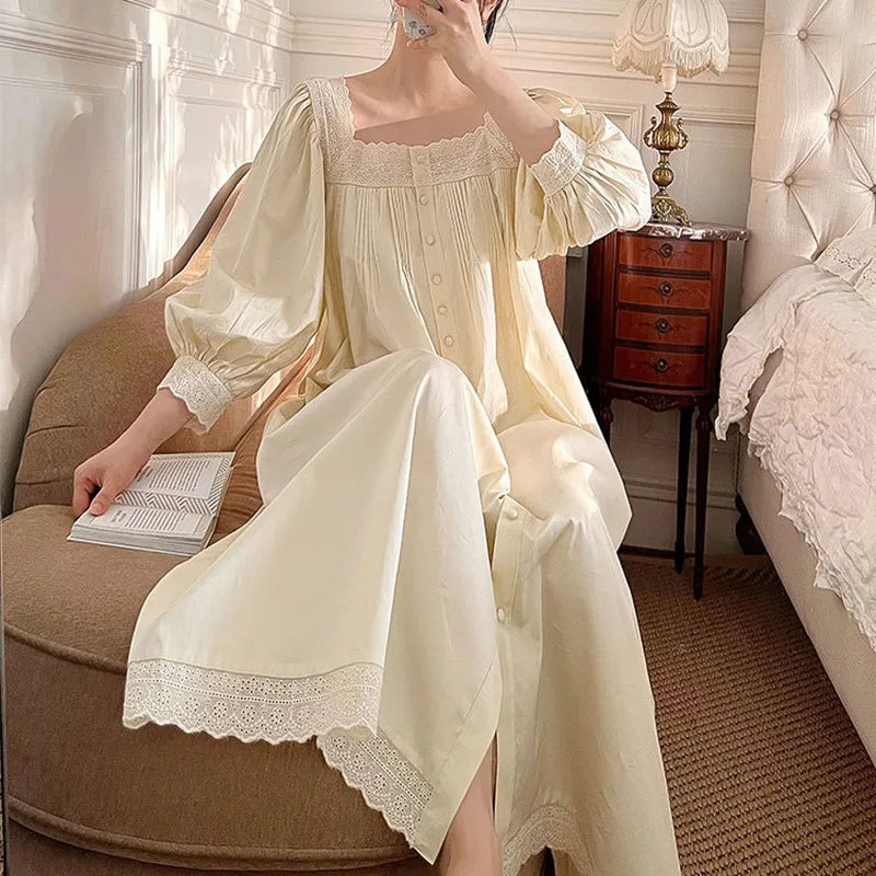 Women Spring Full Sleeves Cotton Sleepwear Loose Cardigan Mid-Calf Nightdress Lace Square Collar Nightgown White Vintage Nightie
