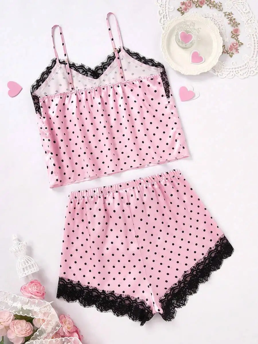2PCS Pajama Suit Women Fashion V-Neck Stretch Satin Lace Sexy Lingerie Bowknot Pyjamas Shorts Set Pink and round dot Sleepwear