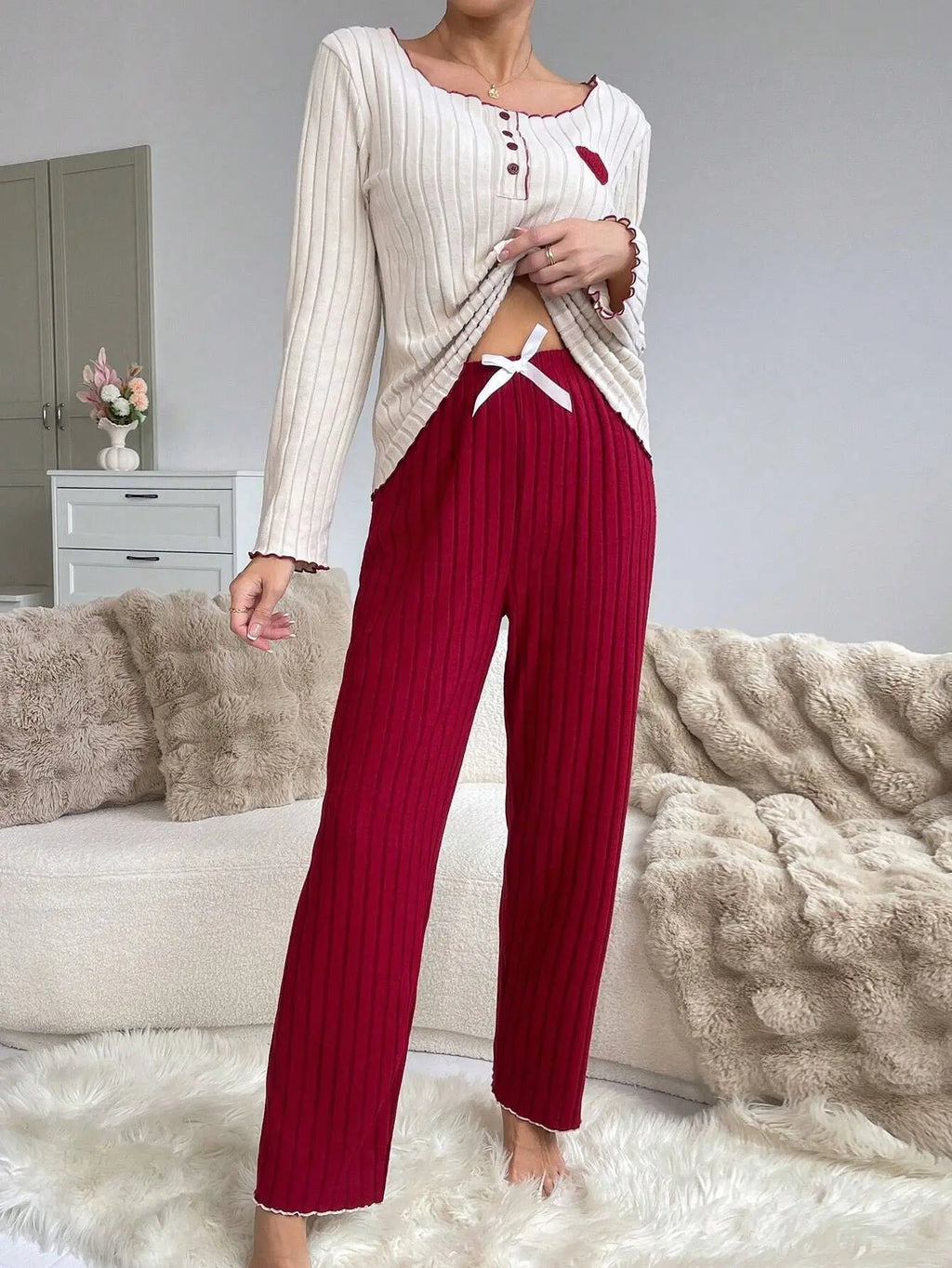 Autumn Winter Sleepwear Women Casual Pajamas Set Long Sleeve Heart Printd Tops and Long Trousers Homewear Loungewear