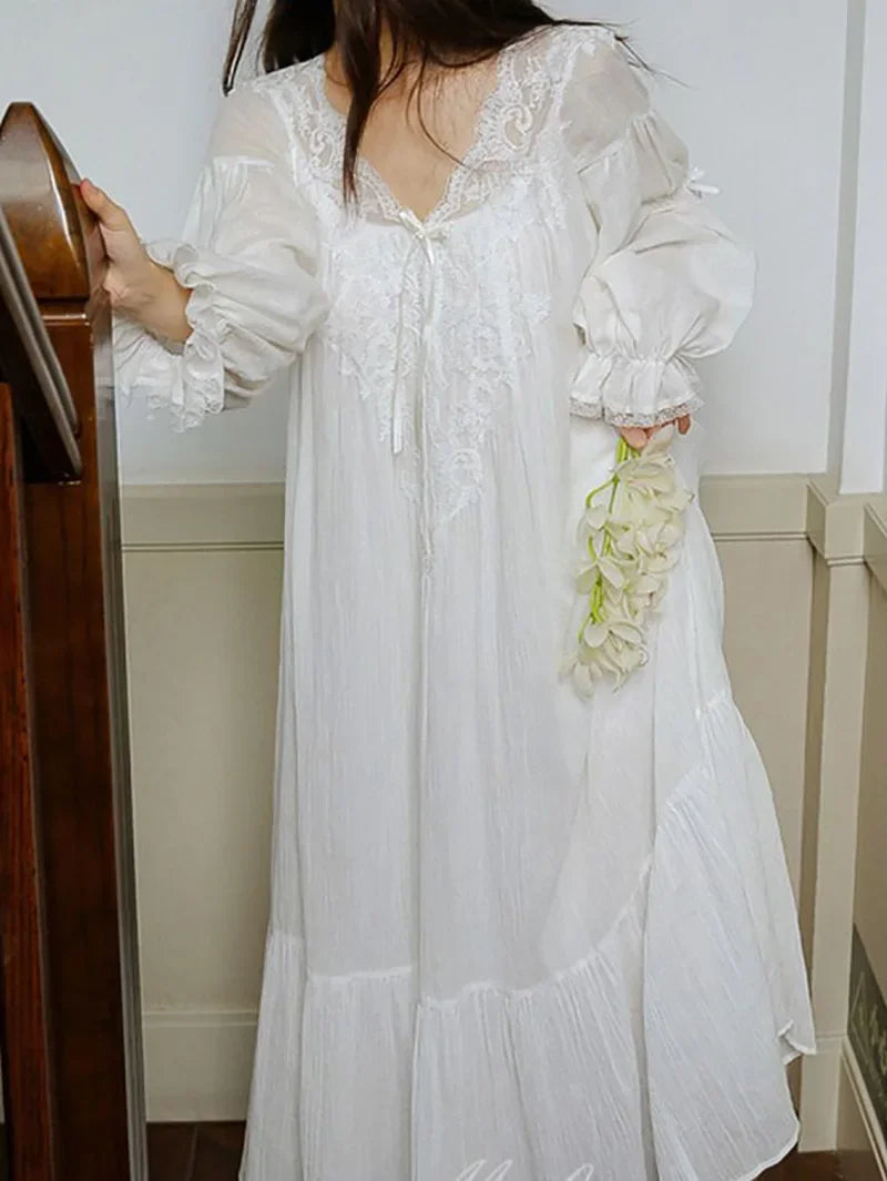 Women Lace Cotton V-Neck Ruffles Vintage Nightgowns Robe Long Fairy Victorian Romantic Princess Sleepwear Nightdress Homewear