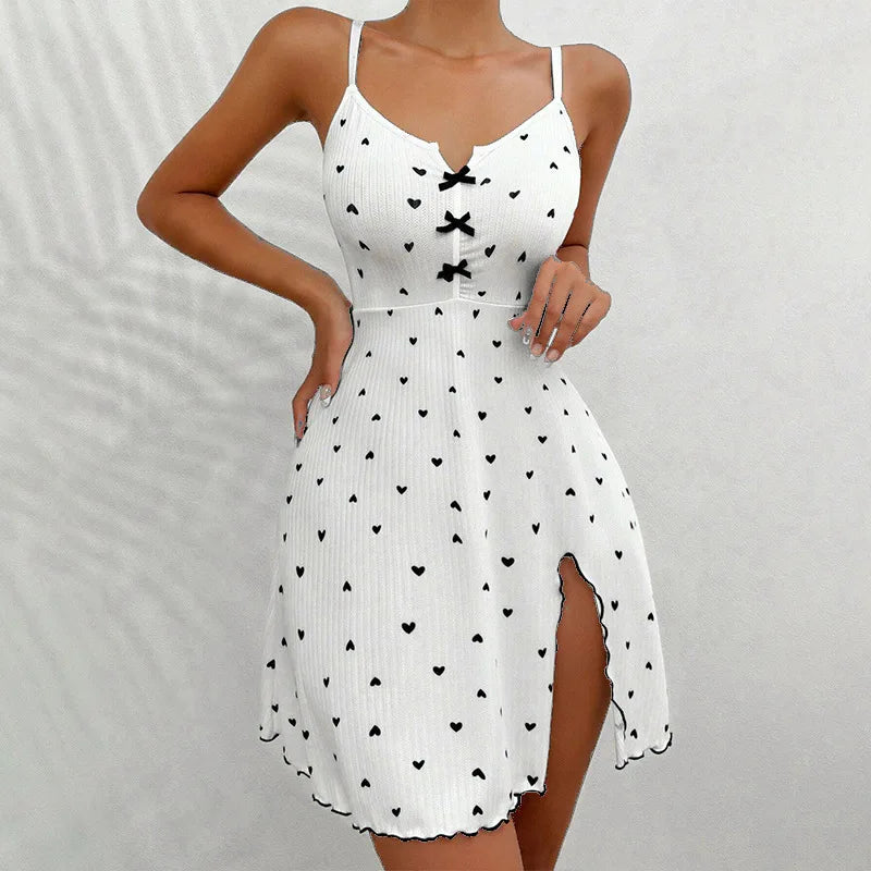 European and American Best-Selling Heart-Printed Rib Front Deep V-Neck Spaghetti Strap Sleep Dress Homewear
