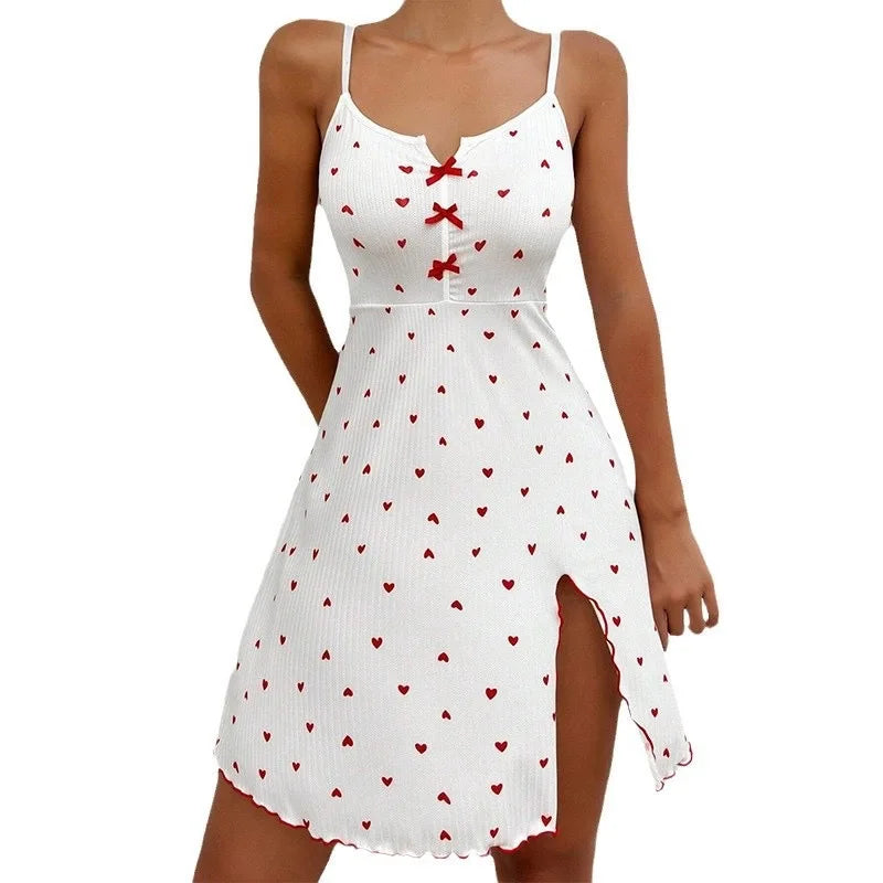 European and American Best-Selling Heart-Printed Rib Front Deep V-Neck Spaghetti Strap Sleep Dress Homewear