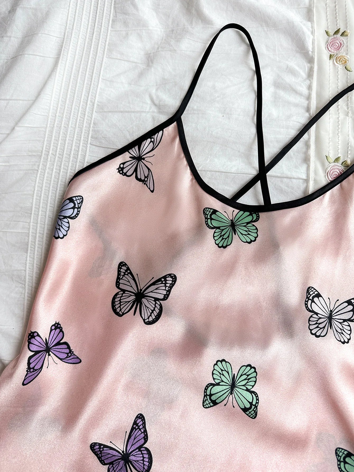 Women's new butterfly print elegant comfortable sexy halter top shorts pajamas three-piece set