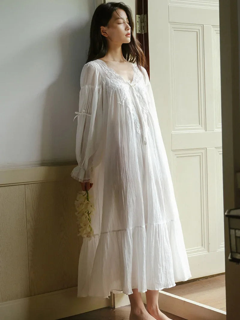 Women Lace Cotton V-Neck Ruffles Vintage Nightgowns Robe Long Fairy Victorian Romantic Princess Sleepwear Nightdress Homewear