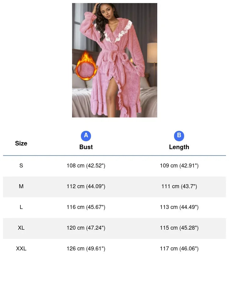 Sexy Princess Style Lace Trim Kimono Bathrobe Gown Long Sleeve Homewear Elegant Coral Fleece Warm Intimate Lingerie Nightgown