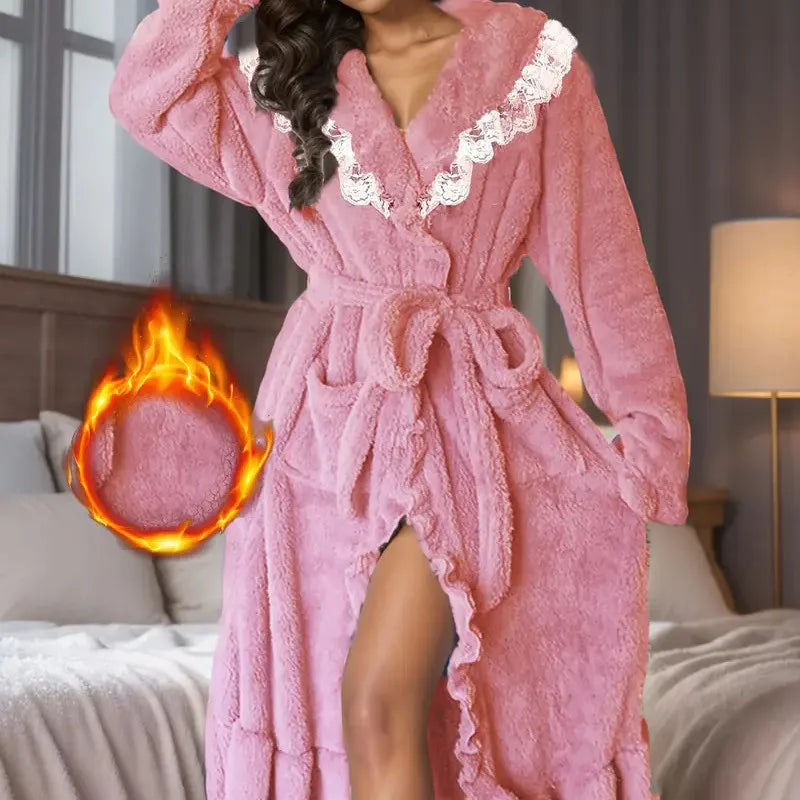 Sexy Princess Style Lace Trim Kimono Bathrobe Gown Long Sleeve Homewear Elegant Coral Fleece Warm Intimate Lingerie Nightgown