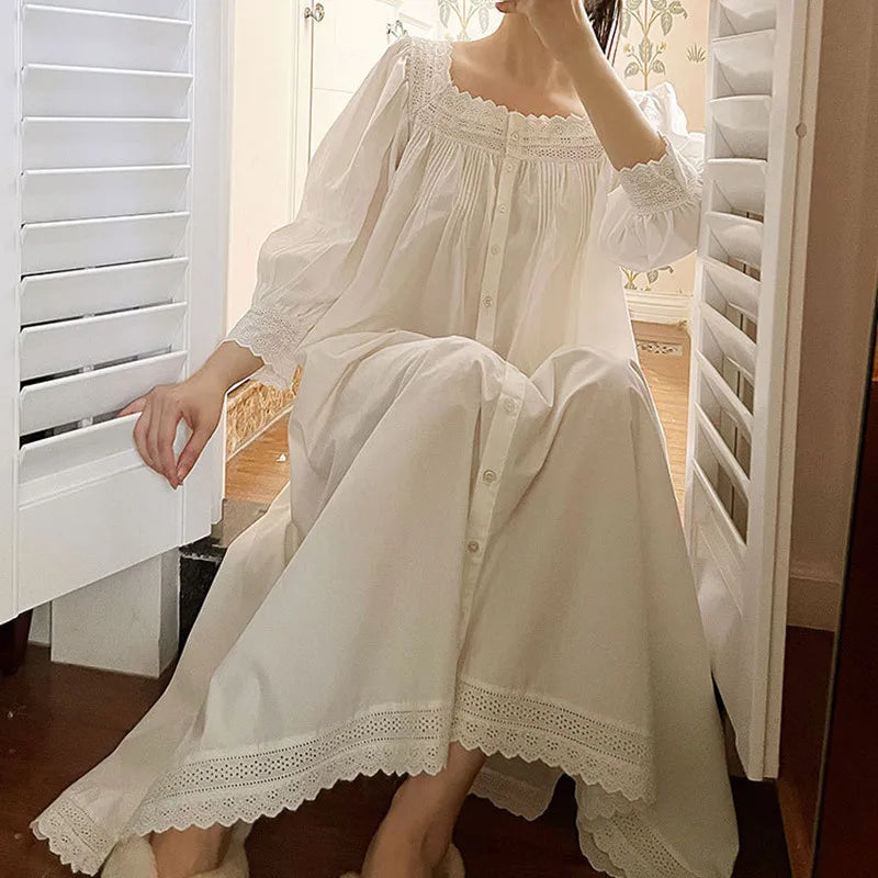Women Spring Full Sleeves Cotton Sleepwear Loose Cardigan Mid-Calf Nightdress Lace Square Collar Nightgown White Vintage Nightie