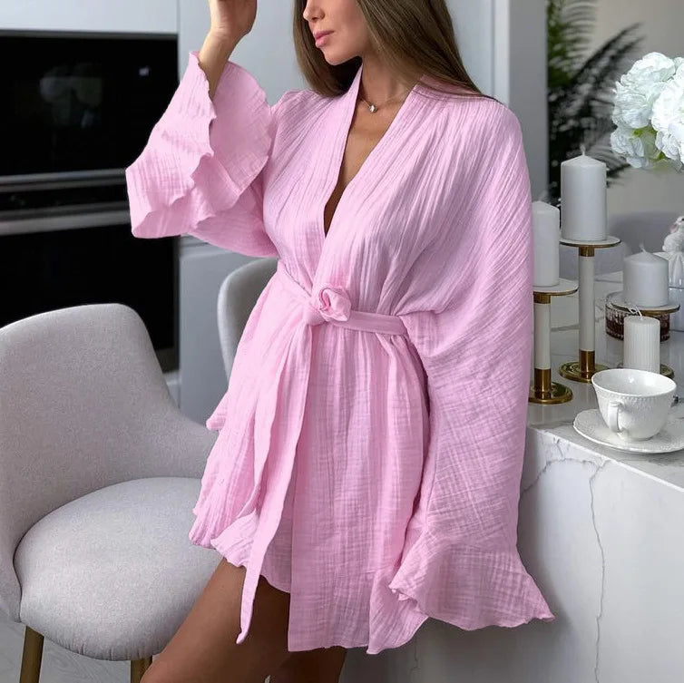 Ruffle Women's Nightwear White 2 Piece Sets Cotton Long Sleeve Casual Pajamas Sashes Loose Suits With Shorts Autumn Sleepwear