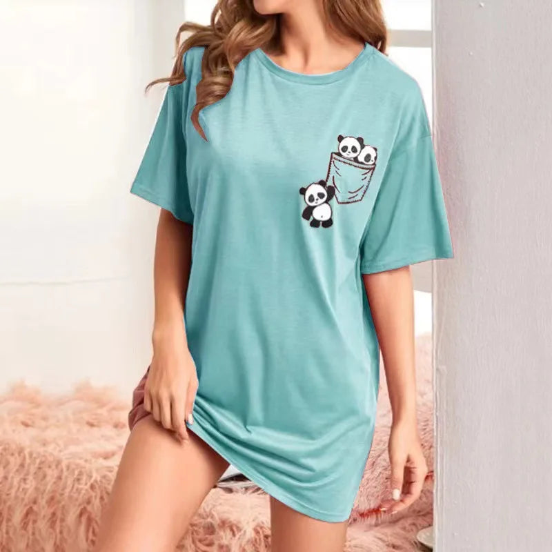 Womens Pajamas Milk Silk Cat Panda Print Short Sleeve Nightdress