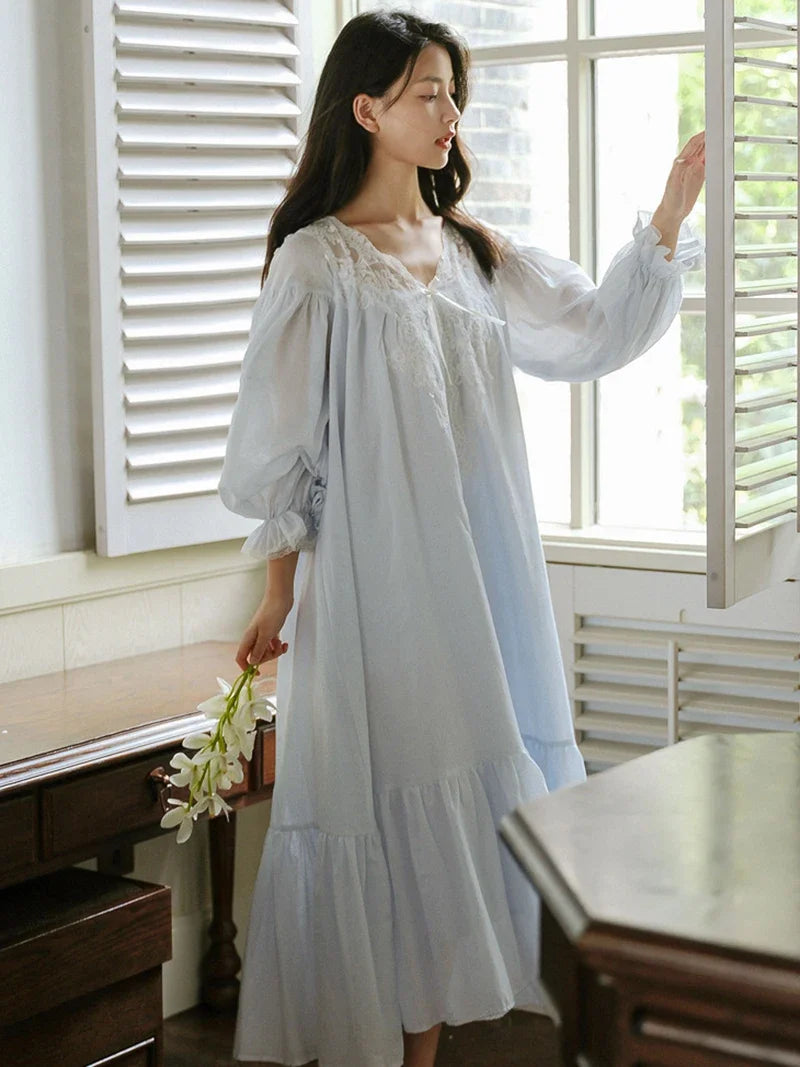 Women Lace Cotton V-Neck Ruffles Vintage Nightgowns Robe Long Fairy Victorian Romantic Princess Sleepwear Nightdress Homewear