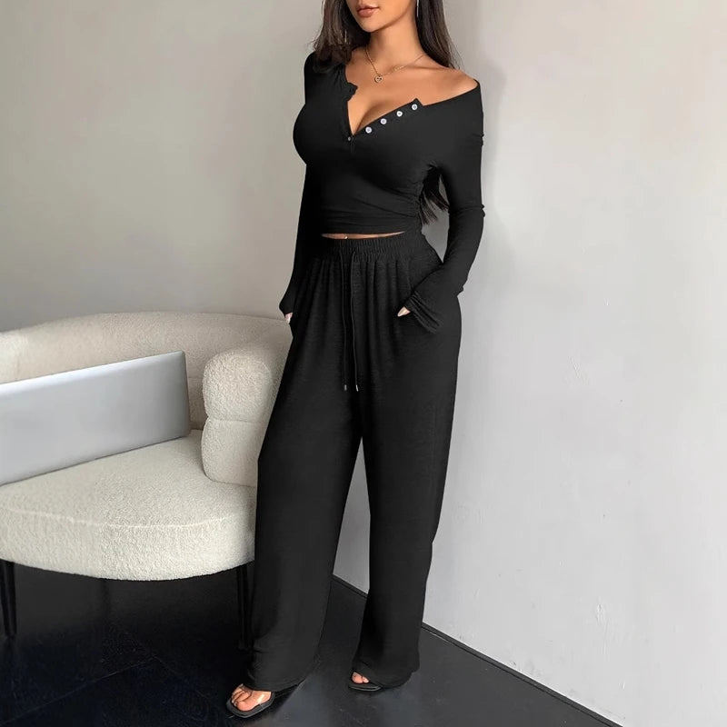 V-Neck Button Crop Pajama Set